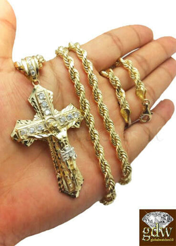 Real 10k Gold Men's Jesus Crucifix Cross Pendent Charm, 26 Inch Rope Chain,Cuban