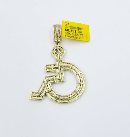 10K Yellow Gold Genuine Diamonds Handicap Disability Charm/Pendant 2" inch Real