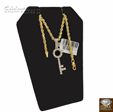 10k Gold Diamond Key Charm Pendant with Rope Chain in 20 22 24 26 inch,Real Gold