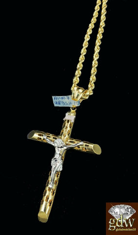 Real 10k Yellow & White Gold Jesus Cross Charm/Pendant with 24 Inch Rope Chain.