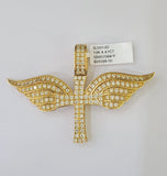 Real 10k Diamond Cross Wings Charm Yellow Gold Men Women Pendant Genuine 3"