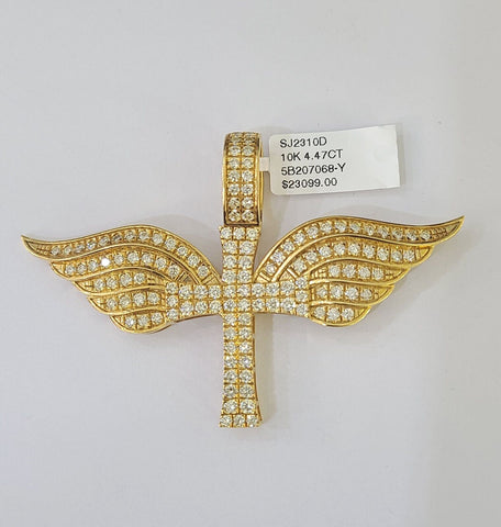 Real 10k Diamond Cross Wings Charm Yellow Gold Men Women Pendant Genuine 3"