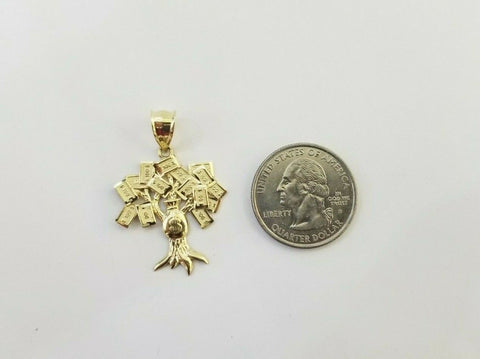 10K Yellow Gold Money Tree Pendant Diamond Cut, 10KT Real Gold $100 sign bag