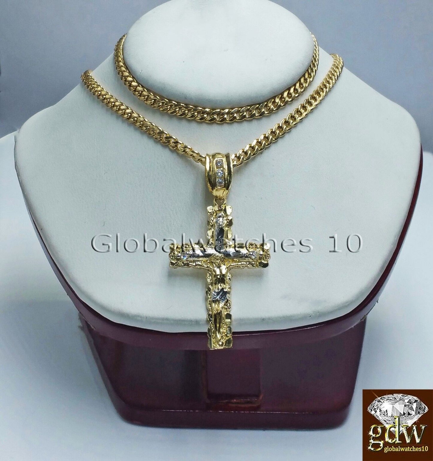 Real 10k Yellow Gold Jesus Cross Charm Pendant 18" Miami Cuban Link Chain SET