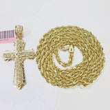 14k Yellow Gold Rope Chain & C-Z Cross Charm SET 5mm 24 Inch Necklace REAL