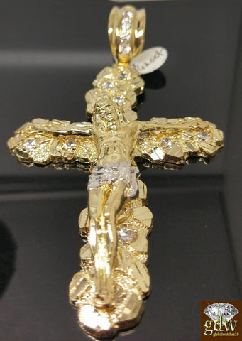 Real 10k Gold Nugget Jesus Crucifix Cross Pendent Charm with 28 Inch Rope Chain.
