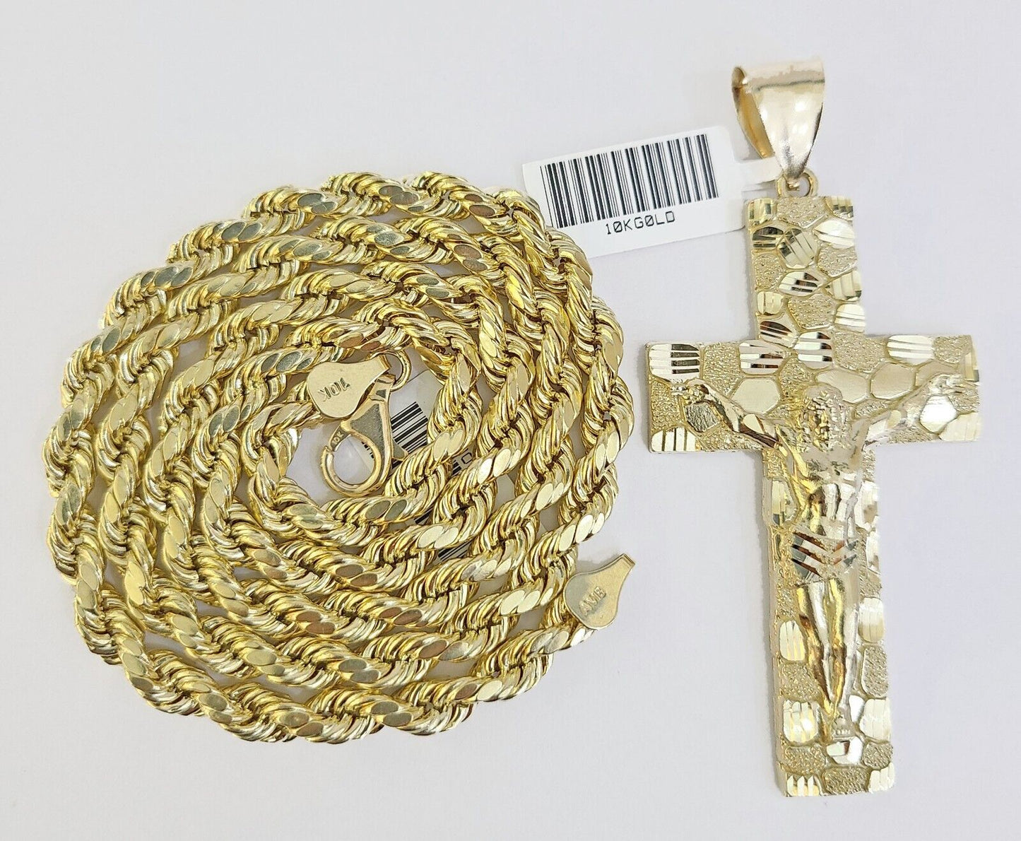 Real 10k Gold Nugget Cross Rope Necklace 5mm 22" Chain Charm SET 10kt