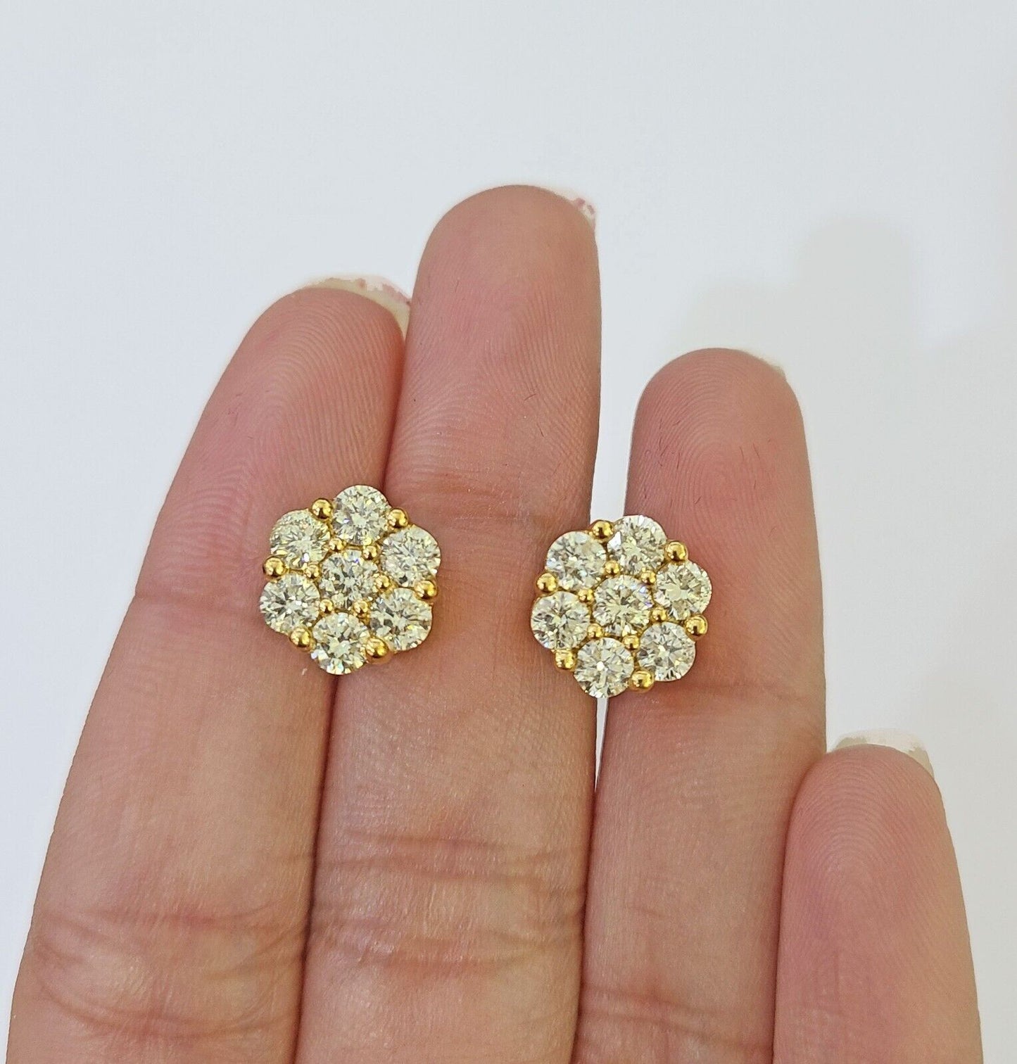 10k Yellow gold Flower Earrings Real Diamond screw-back Women Men studs