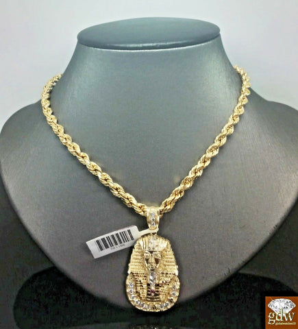 Real 10k Rope Chain Necklace 22" Inch Pharaoh Head Charm Pendant