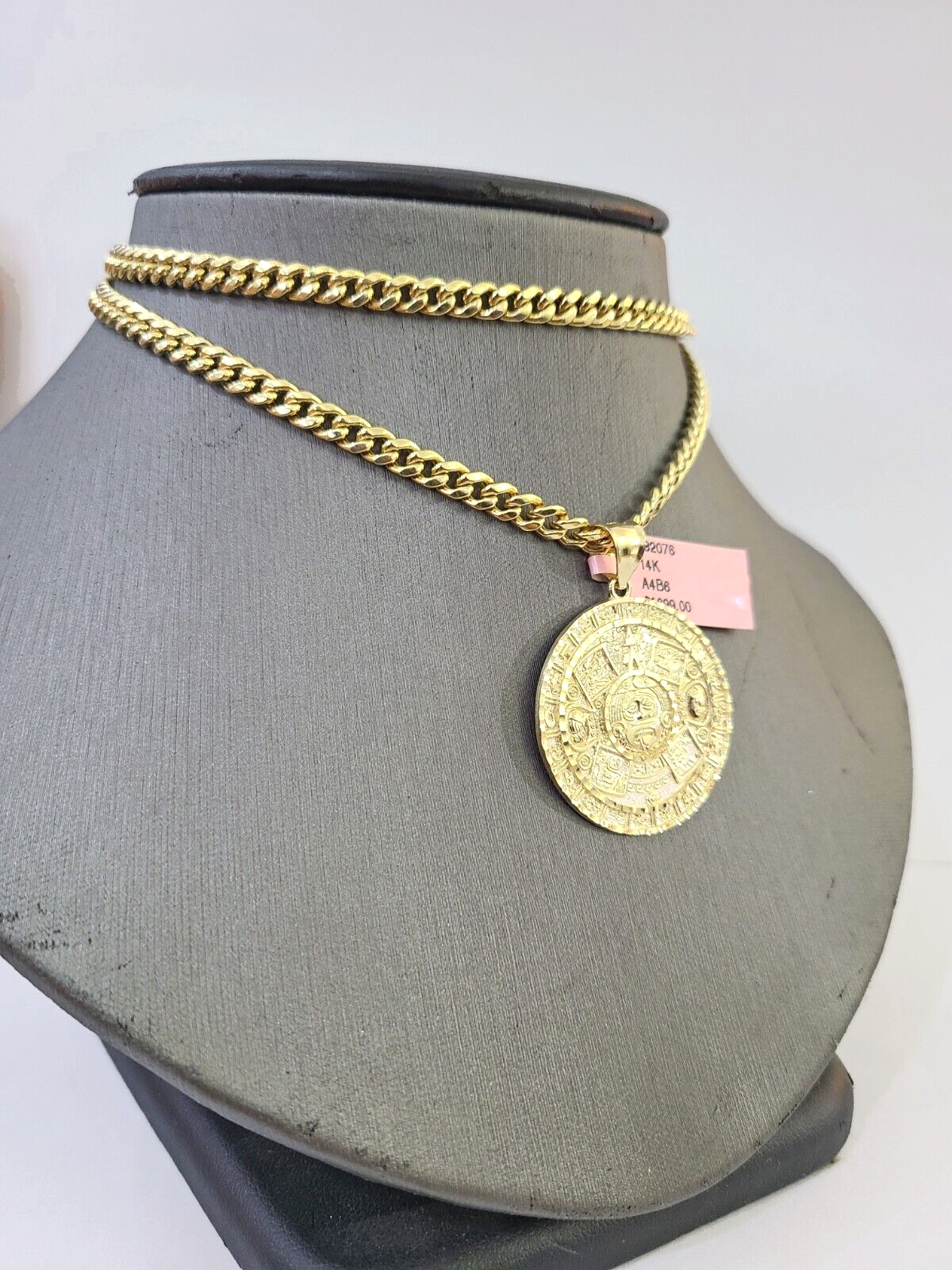 14k Yellow Gold Miami Cuban Chain & Mayan Calendar Charm SET 5mm 22 Inches