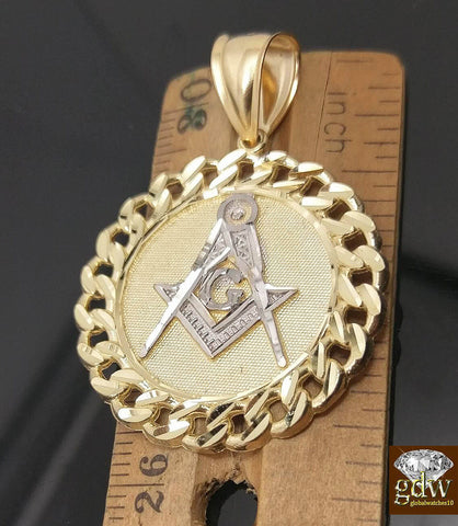 Real 10k Yellow Gold 24" Rope Chain Necklace & 10k Cuban Masonic Charm Pendent