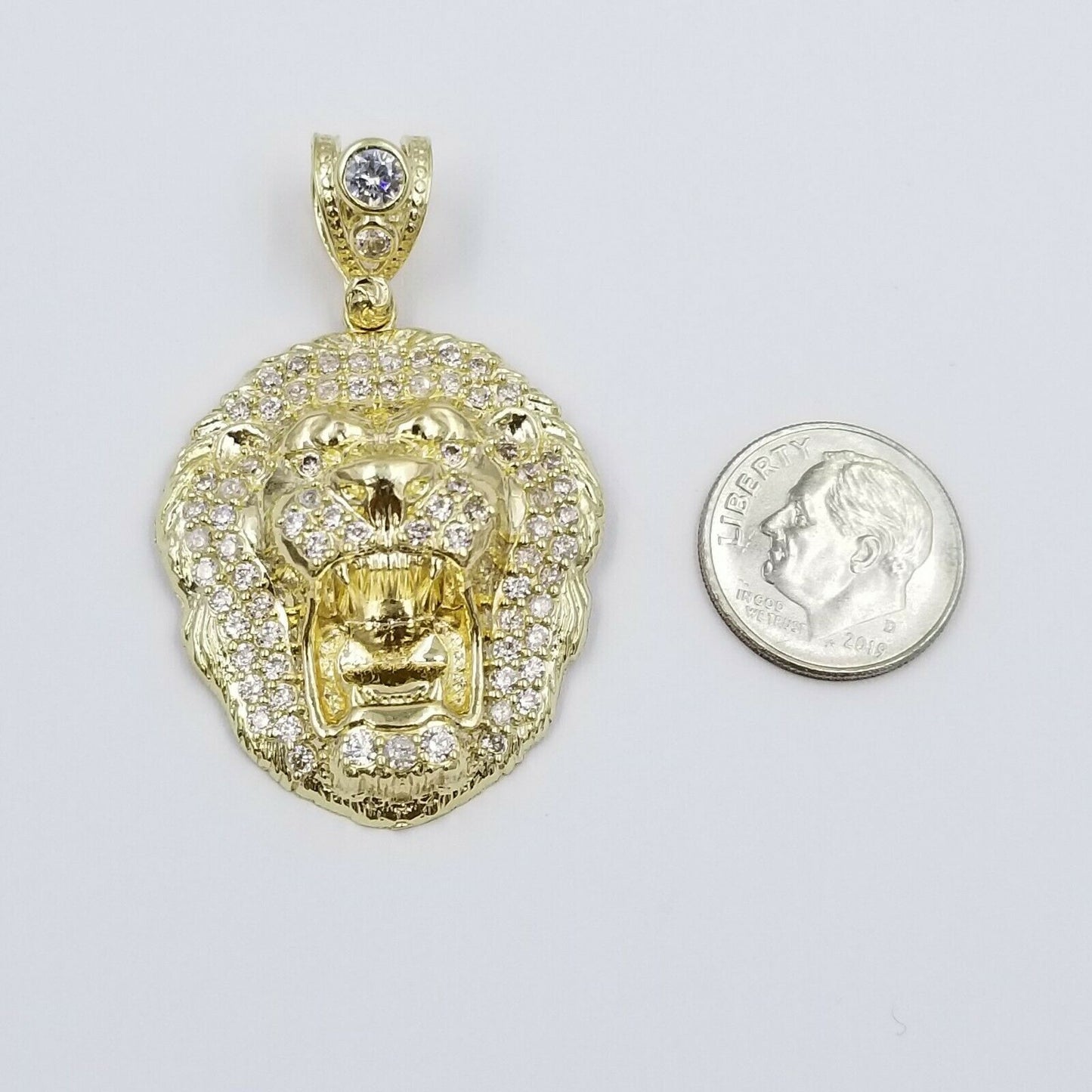 REAL 10k Yellow Gold KING Lion Head Charm Pendent 4mm Rope Chain 20 22 24 26