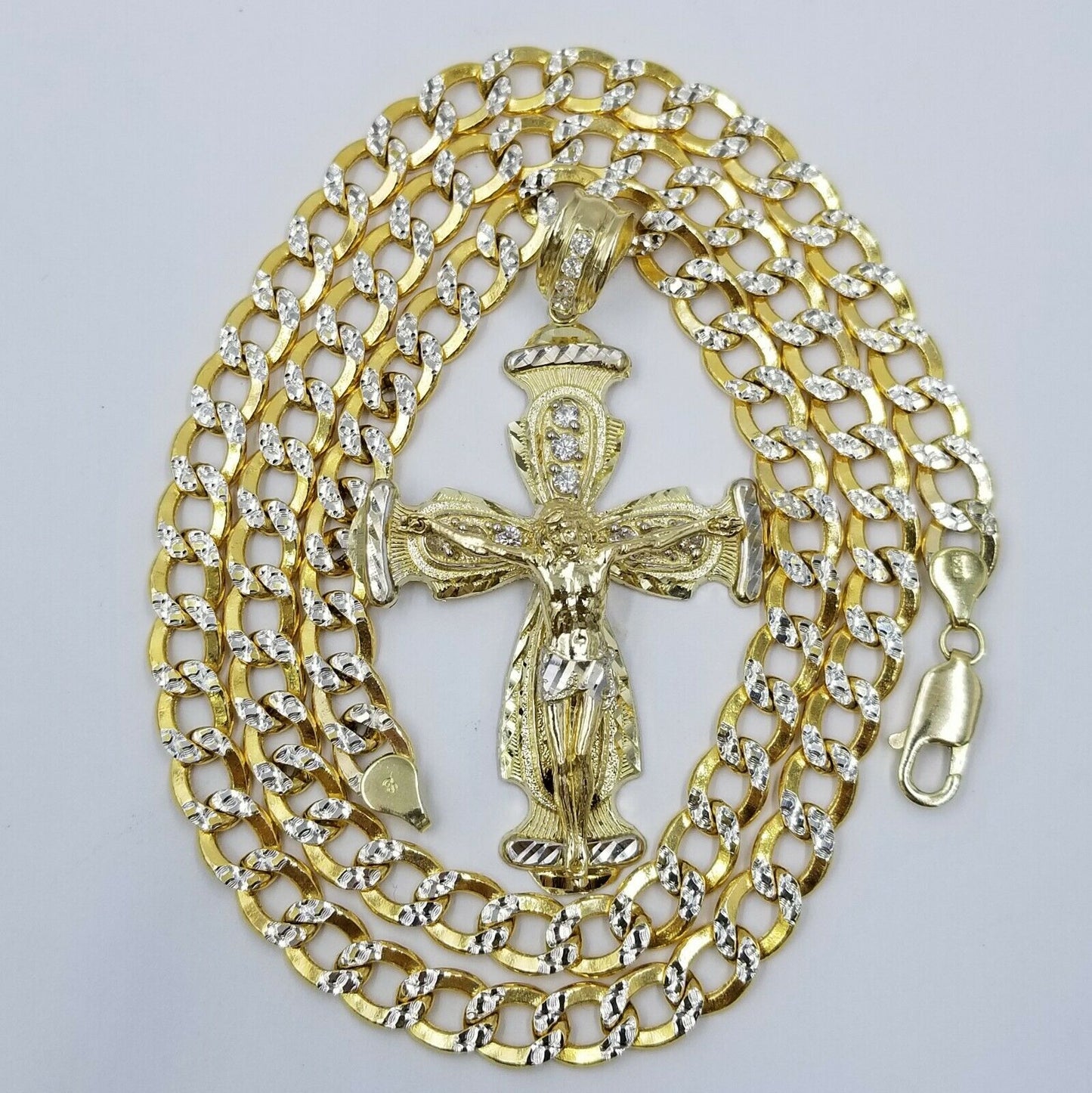 Real 10k Cuban Curb Link Necklace Pendant SET Jesus Crucifix Cross Chain