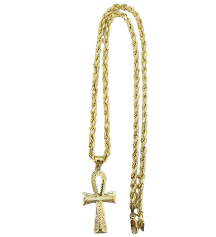 Real 10K Gold Egyptian Ankh Cross Pendent 4mm Rope Chain 18" 20" 22" 24" 26" 28"