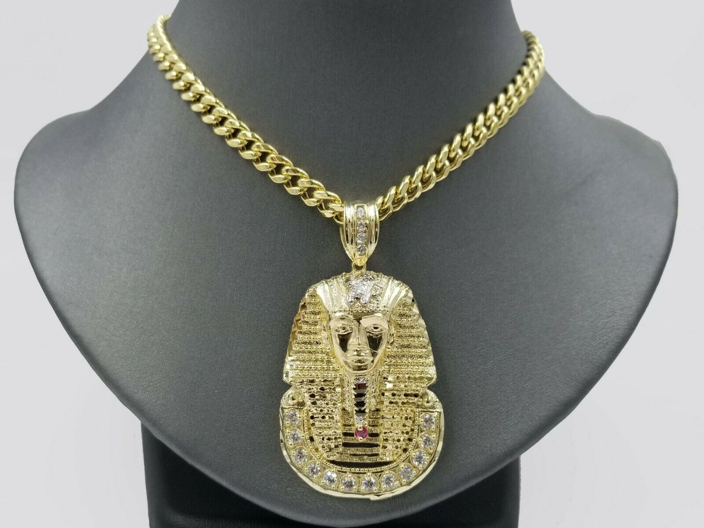 10K Yellow Gold 24 Inch Miami Cuban Chain Ruby Pharaoh Head Pendant Diamond Cut