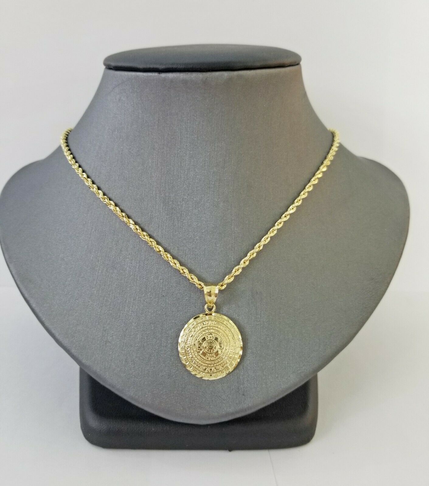 10k Yellow Gold Aztec Calendar charm and 3mm rope chain ,10kt Real Gold set