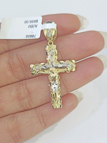14k Yellow Gold Rope Chain 2.5mm 24Inches & Jesus Nugget Cross Charm SET
