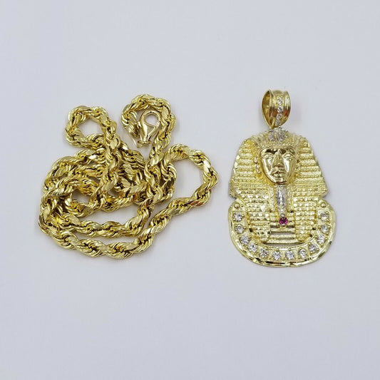 SOLID 10k Gold Pharaoh Head Pendant Charm Egyptian 6mm Rope Chain 20" 22" 24" 26