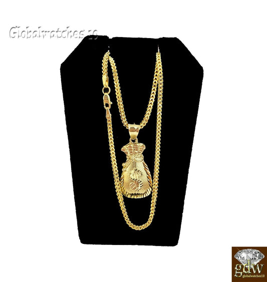 10k Gold Dollar Bag Charm Pendant Franco Chain  22 24 26 28 Inch Real