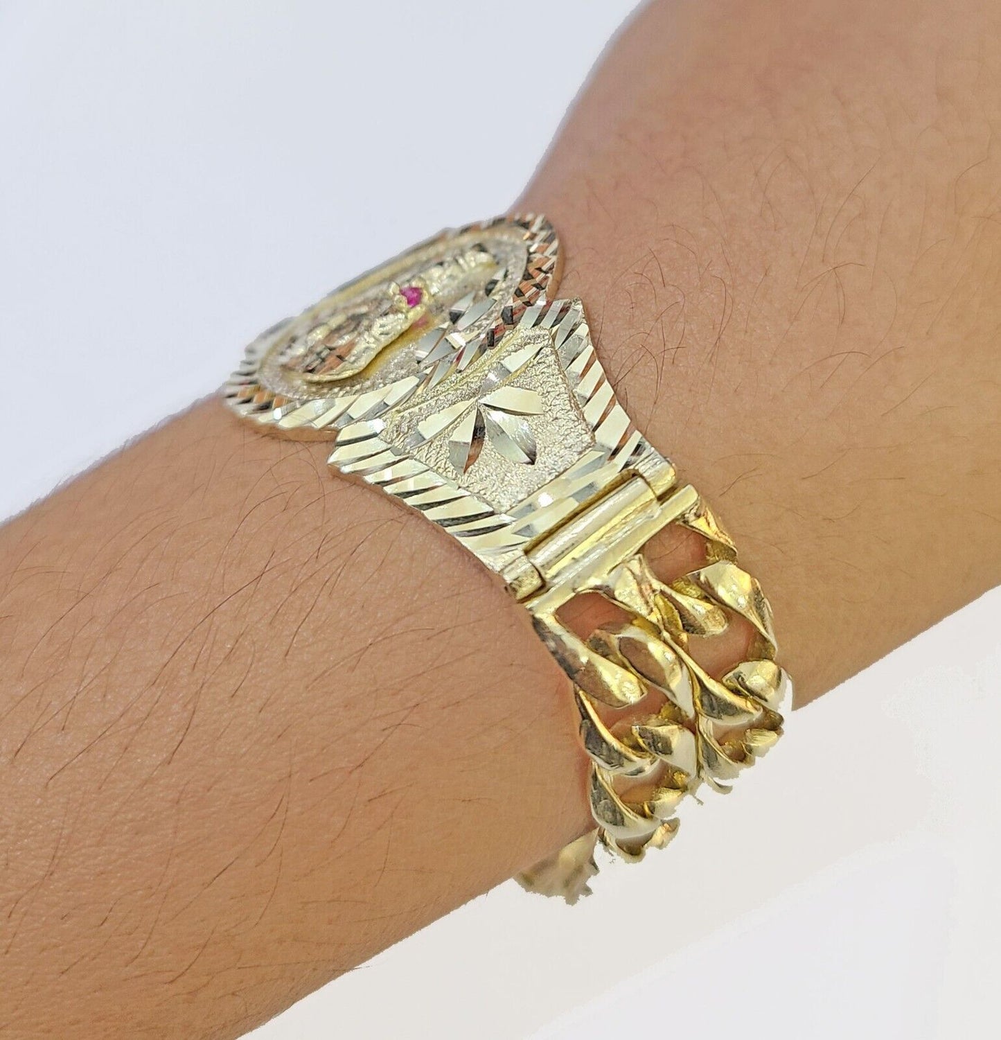 10k Gold Saint Barbara Miami Cuban Bracelet Size 8.25" Inches 15mm 10kt Mens