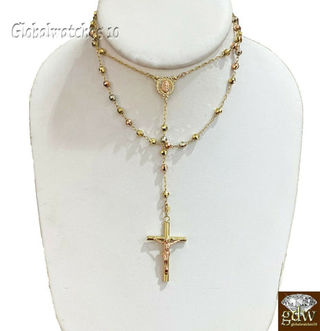 Real 10k Trio-Gold Jesus Crucifix Pendant Rosary Beads Necklace, Diamond Cuts