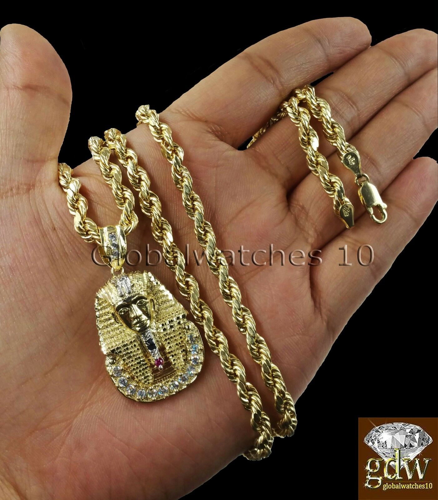 Real Mens 10k Gold 28" Inch Rope Chain & Egyptian Pharaoh Head Charm Pendant.