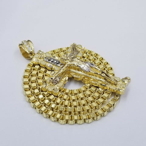 Mens 10k Yellow Gold Cross Charm Diamond Cut Pendant Byzantine Chain in 24" Real