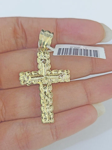 14k Yellow Gold Rope Chain 2.5mm 24Inches & Jesus Nugget Cross Charm SET