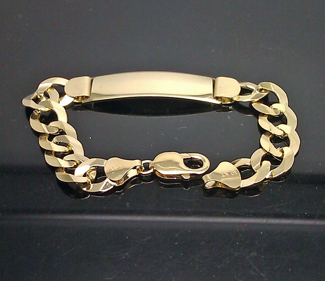 Mens SOLID 10K Yellow Gold Link Bracelet 9" ID Plate Long New