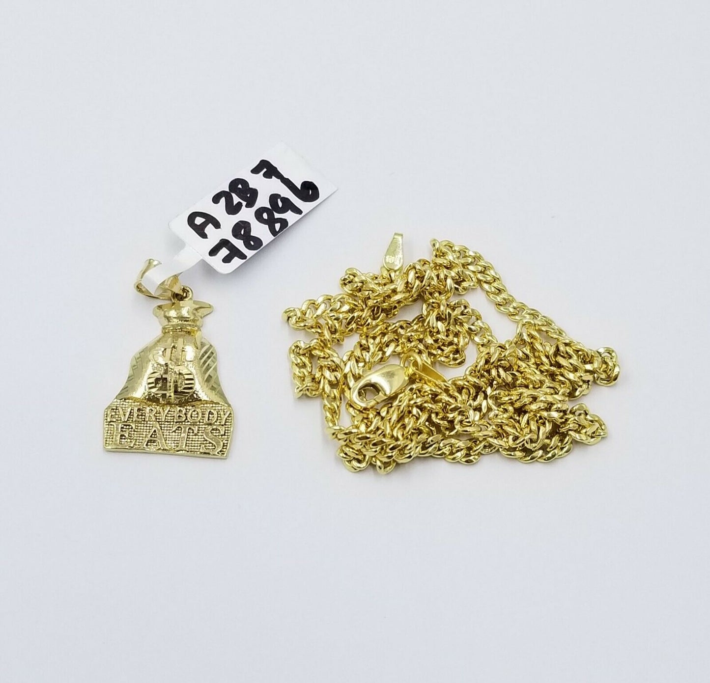 Dollar Bag 10k Gold Charm Pendant With Miami Cuban Chain 3mm  "Every Body EATS"