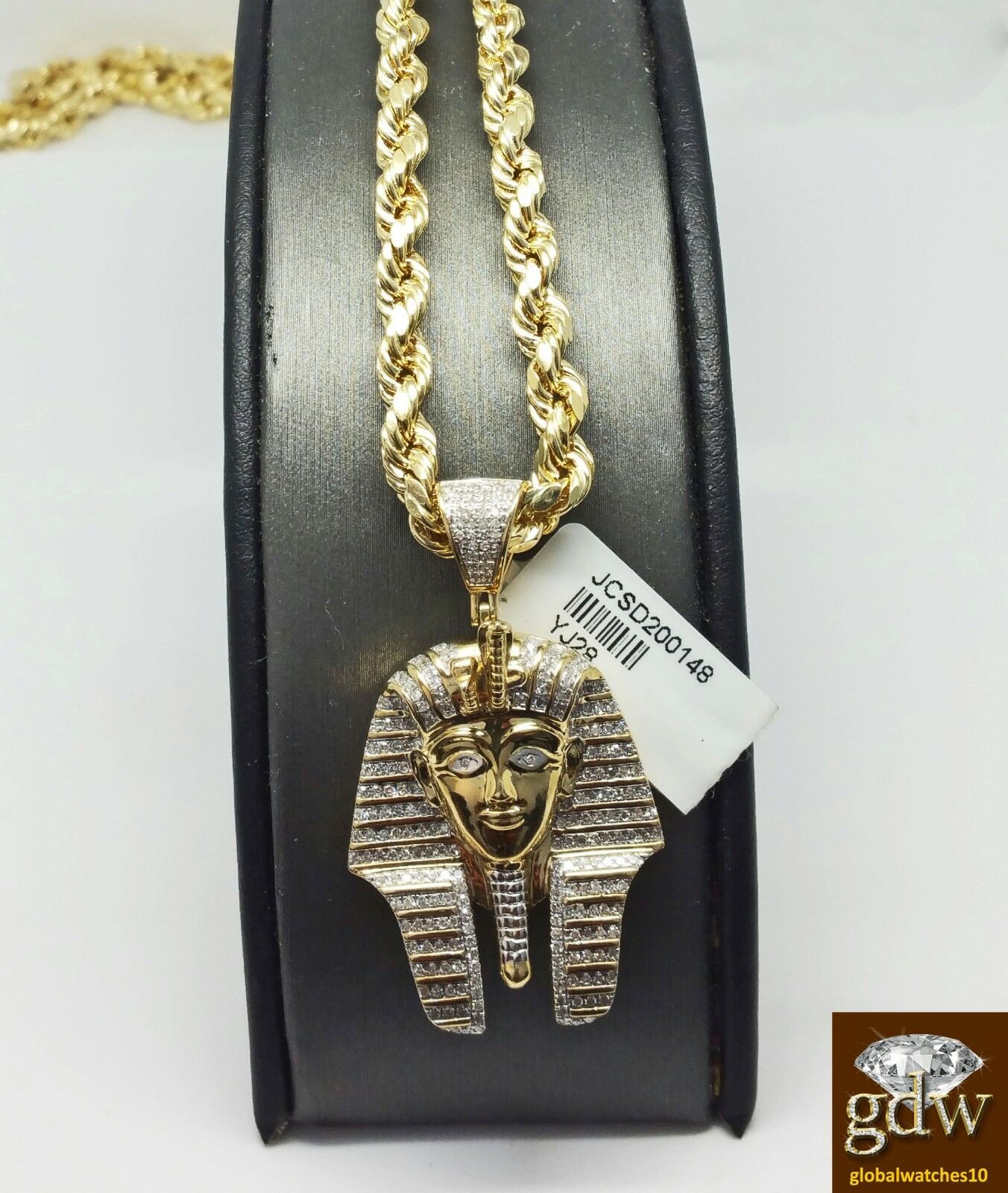 Real 10k Yellow Gold Diamond Pharaoh Charm Pendant  28" Rope Chain Necklace