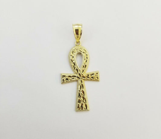 10k Nugget Style Yellow Gold Ankh Cross Pendant Jesus Cross Pendant