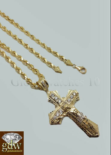 Real 10k Gold Men's Jesus Crucifix Cross Pendent Charm, 26 Inch Rope Chain,Cuban