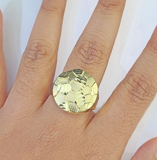 10k yellow Gold Circular Nugget Men Ring Real