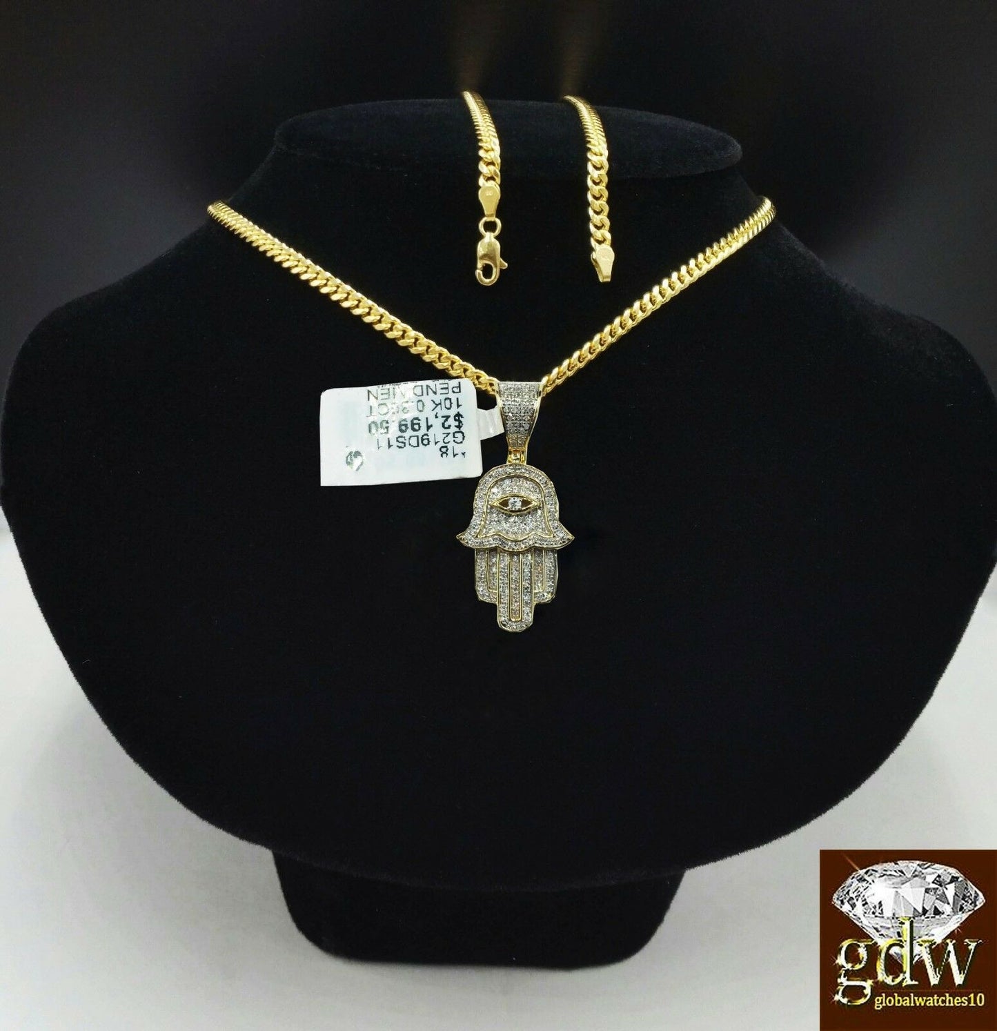 Solid 10k Yellow Gold Diamond Hamsa Hand Charm with 26" Miami Cuban Chain