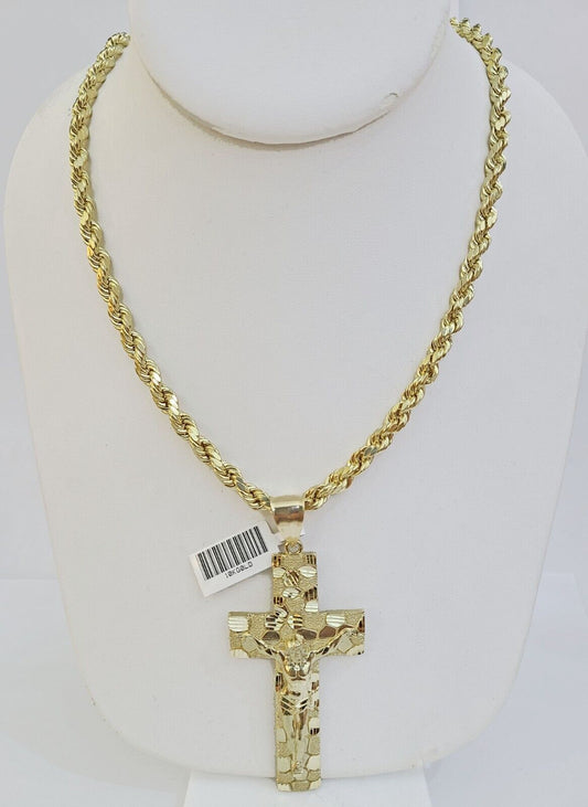 Real 10k Gold Nugget Cross Rope Necklace 6mm 24" Chain Charm SET 10kt