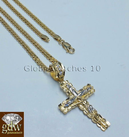 Real 10k Yellow Gold Jesus Cross Charm Pendant 18" Miami Cuban Link Chain SET