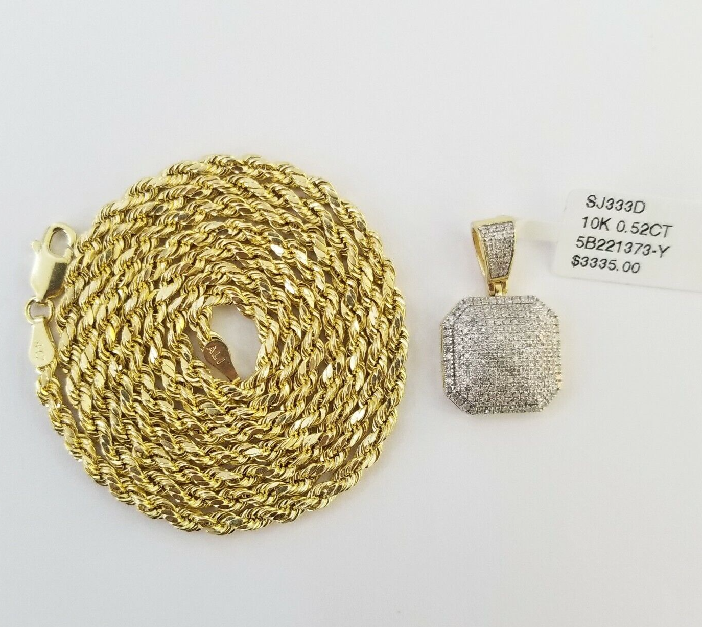 10K Yellow Gold Diamond Charm rope chain 3mm 20" SET & Pillow Pendant & Neckalce