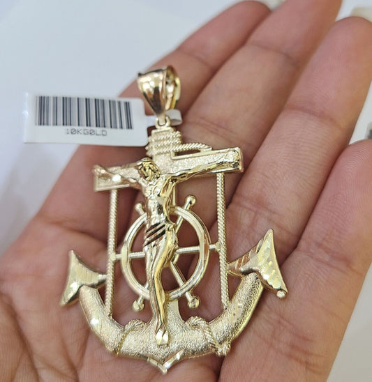 Real 10k Yellow Gold Jesus Crucifix Anchor Pendant 2.5 inches Charm