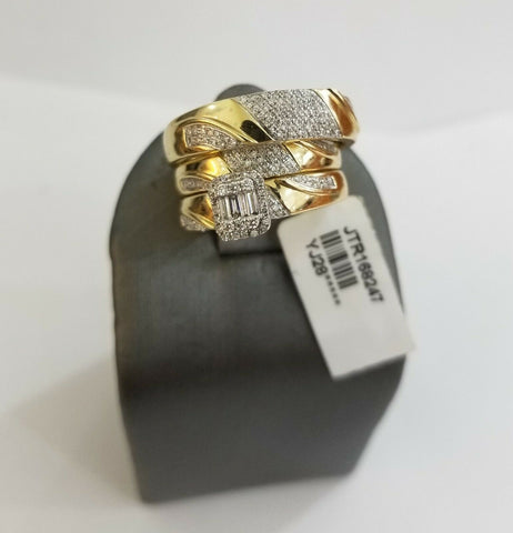 Solid 14k Gold Diamond Ring Set Trio Wedding Band REAL Men Women Sizable His Her
