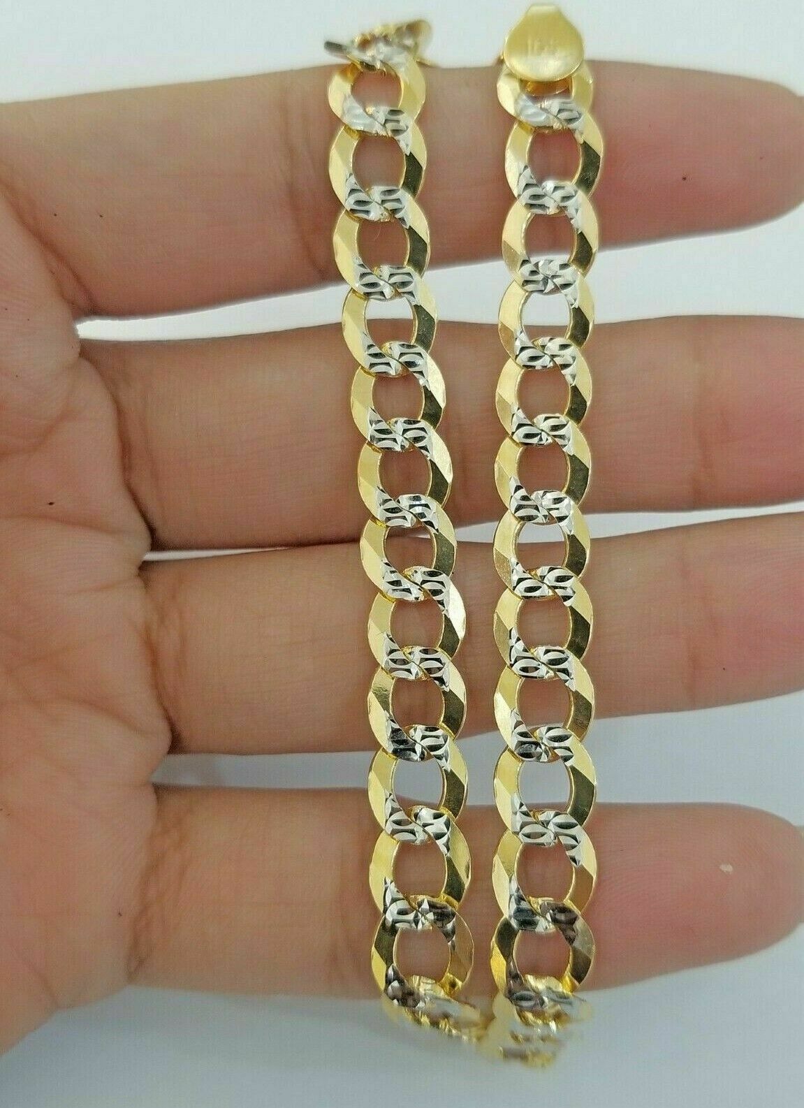 Real 10K Yellow Gold Cuban Link Bracelet Diamond Cut Two tone Lobster Lock