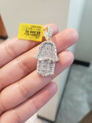 Solid 10k Yellow Gold with Real Diamonds Hamsa Hand Charm With Baguettes Diamond