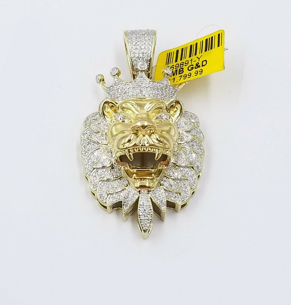 SOLID 10k Yellow Gold Roaring King Lion Head Charm Pendant 1.01CT 2" Inch Men's