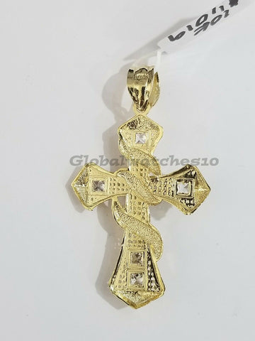 10k Yellow Gold Men Jesus Cross pendant 2" Inch 4mm rope chain 22"
