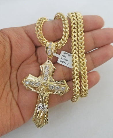 Real 10k Gold Franco chain & Cross Charm 10kt Pendant Necklace 24" 4mm SET