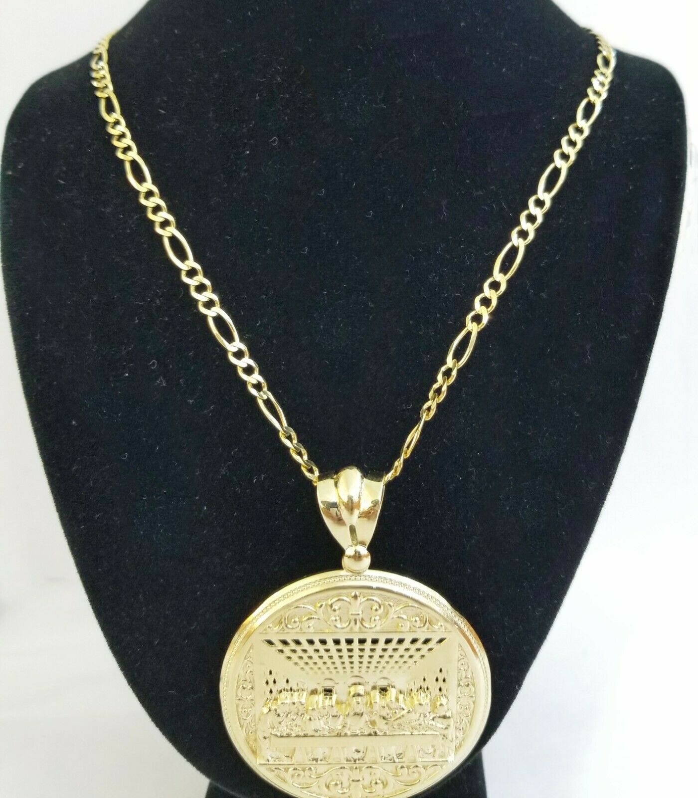 10k yellow gold round last supper charm with 22inch figro chain, 4mm Real 10kt