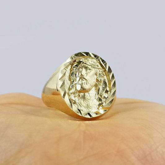 Men's 10k Yellow Gold Jesus Head Ring Diamond Cut, Size 10 Thick Band, Sizable