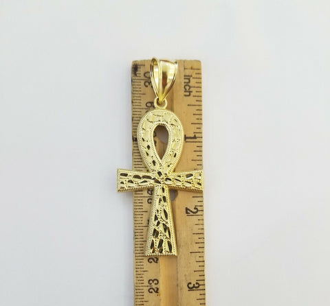 Real 10k Yellow Gold Men Jesus Cross Charm with 20" Inch 6mm Miami Cuban Chain