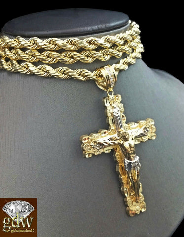 Real 10k Gold 26" Rope Chain Cross Pendant 10kt Yellow Gold Necklace Jesus Charm
