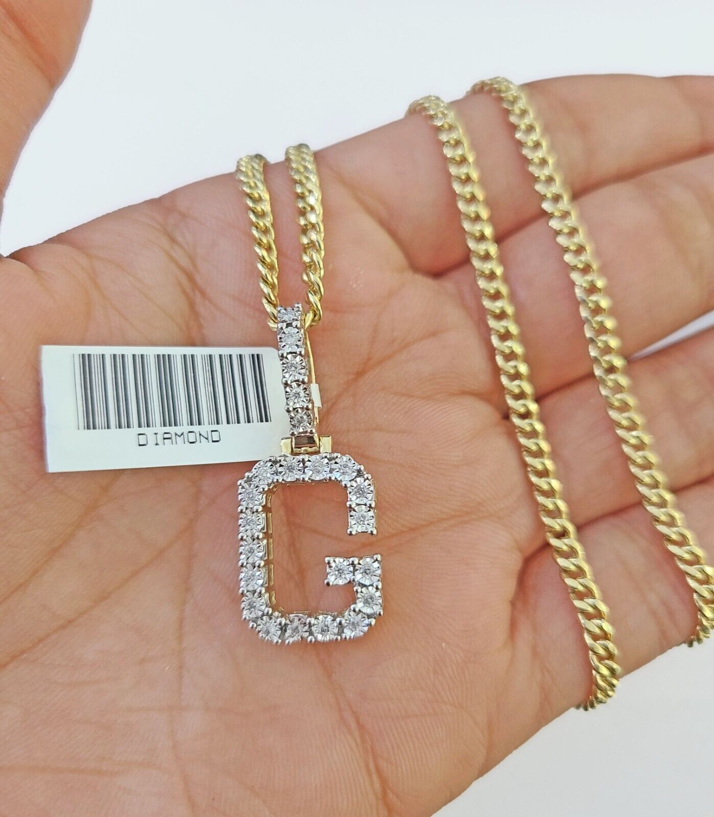 10k Gold Genuine Diamond "G" Initial Pendent with 20 Inch 3mm Miami Cuban Chain